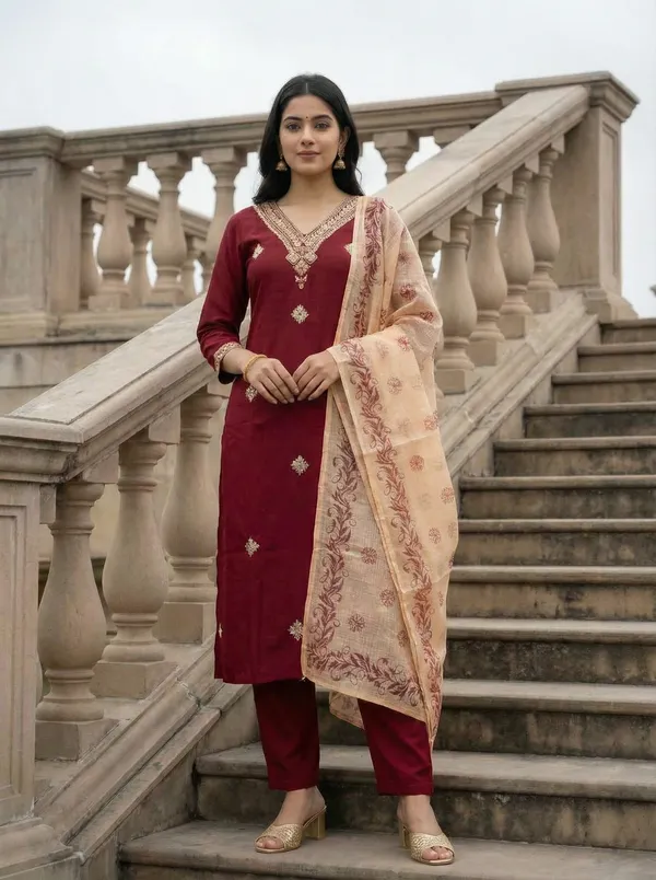 Maroon_Chanderi_Premium_&_Fancy_Design_Kurta_Set_For_Women