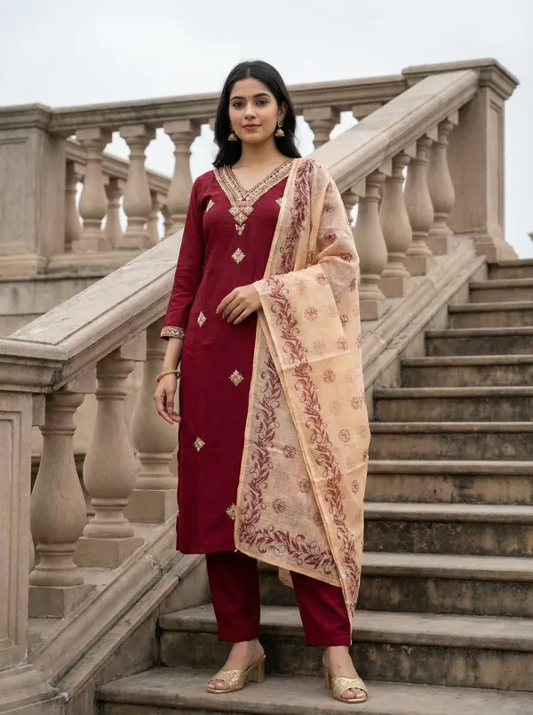 Maroon_Chanderi_Premium_&_Fancy_Design_Kurta_Set_For_Women