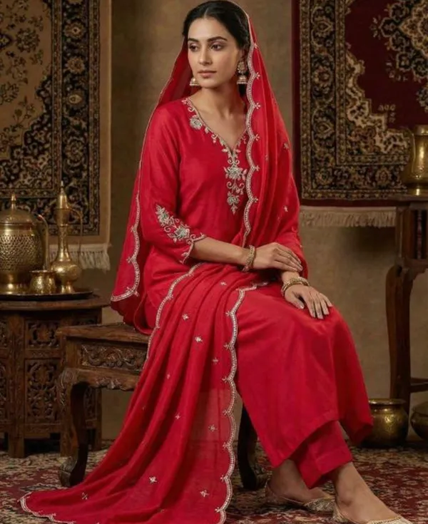 Red_Rayon_Slub_Premium_&_Fancy_Design_Kurta_Set_For_Women
