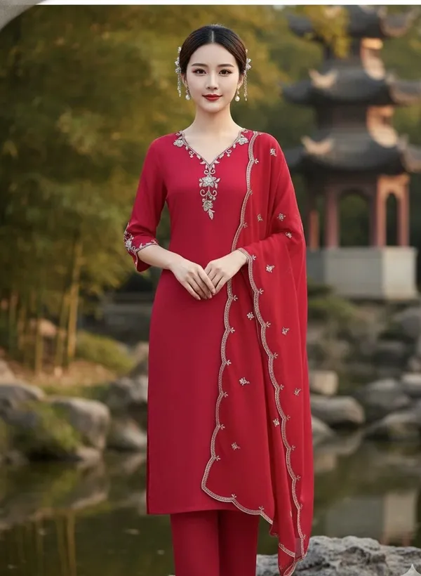 Red_Rayon_Slub_Premium_&_Fancy_Design_Kurta_Set_For_Women