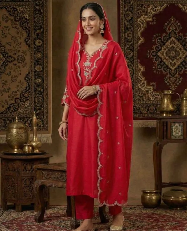 Red_Rayon_Slub_Premium_&_Fancy_Design_Kurta_Set_For_Women