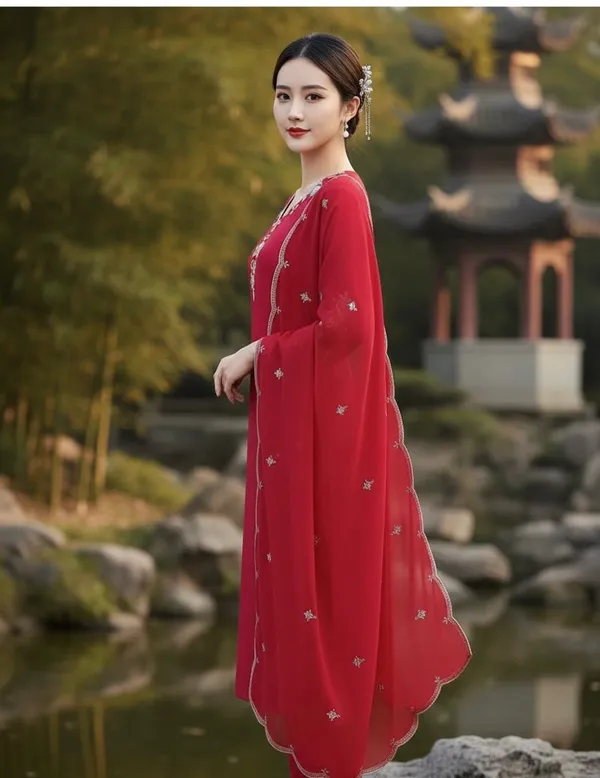 Red_Rayon_Slub_Premium_&_Fancy_Design_Kurta_Set_For_Women