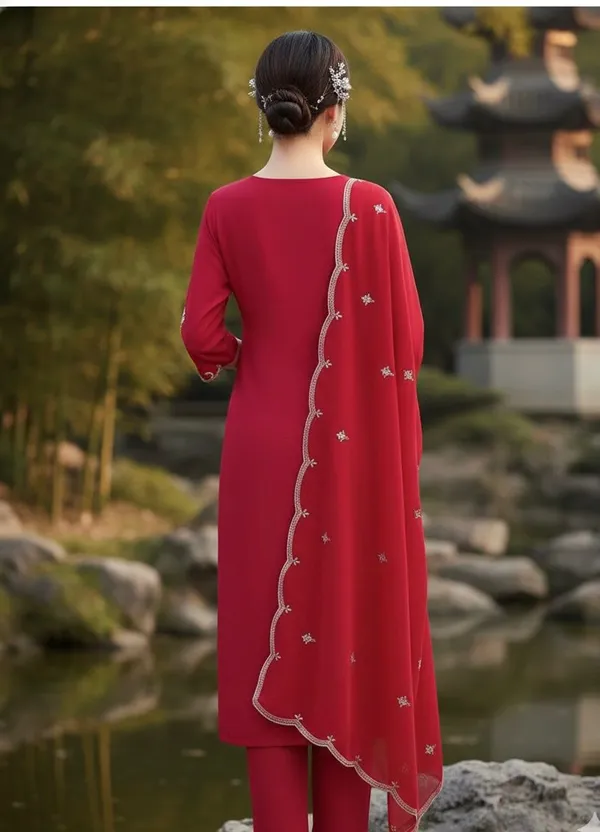 Red_Rayon_Slub_Premium_&_Fancy_Design_Kurta_Set_For_Women