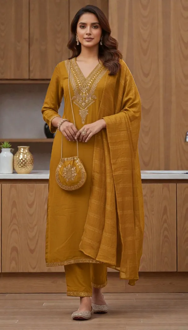 Mustard_Rayon_Slub_Premium_&_Fancy_Design_Kurta_Set_For_Women
