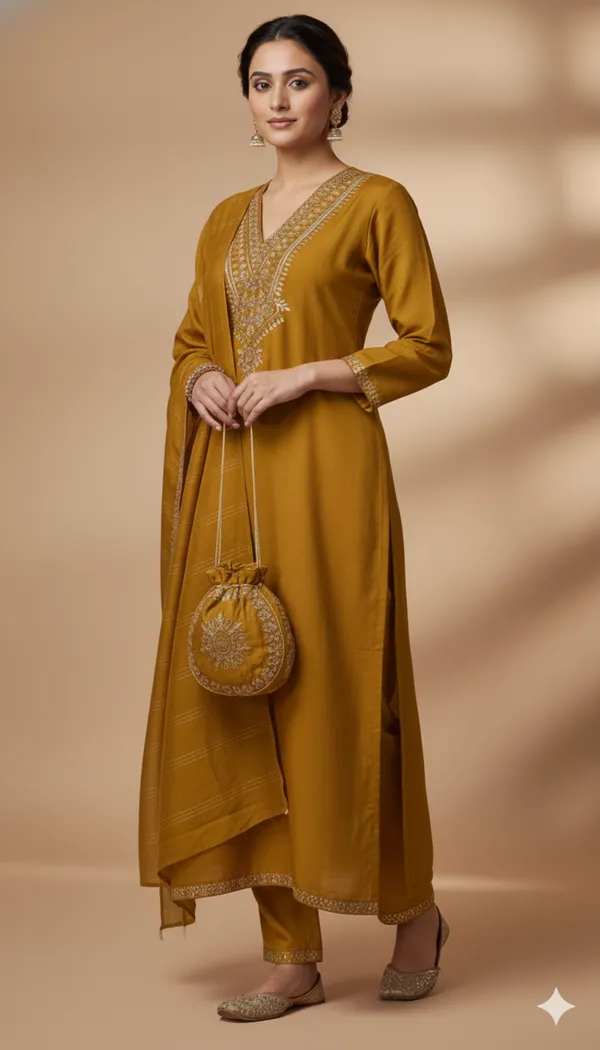 Mustard_Rayon_Slub_Premium_&_Fancy_Design_Kurta_Set_For_Women