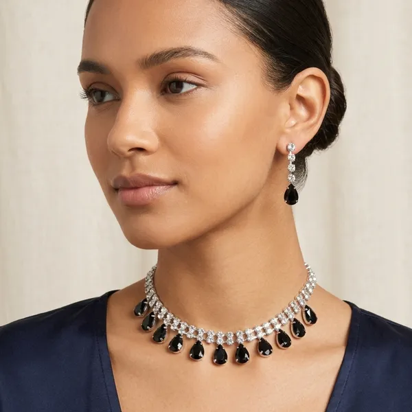 Silver_Black_Crystal_Teardrop_Branch_Necklace_Set_For_Women