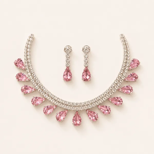 Pink_Crystal_Teardrop_Silver_Choker_Necklace_Set_For_Women