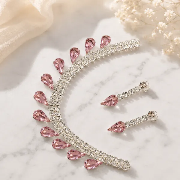 Pink_Crystal_Teardrop_Silver_Choker_Necklace_Set_For_Women