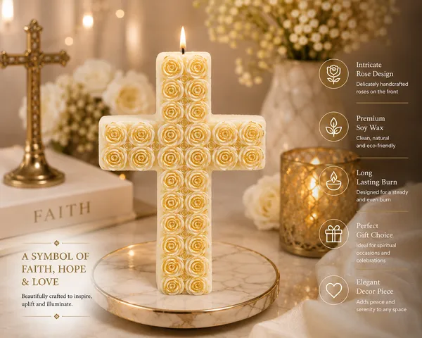 White_&_Gold_Rose_Cross_Candle_|_Decorative_Soy_Wax_Candle_|_Elegant_Religious_Home_Décor_|_Spiritual_Gift_for_Prayer_Room,_Baptism,_Communion,_Easter_&_Housewarming_|_15.9_x_11.4_cm