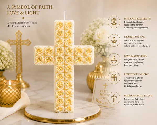 White_&_Gold_Rose_Cross_Candle_|_Decorative_Soy_Wax_Candle_|_Elegant_Religious_Home_Décor_|_Spiritual_Gift_for_Prayer_Room,_Baptism,_Communion,_Easter_&_Housewarming_|_15.9_x_11.4_cm
