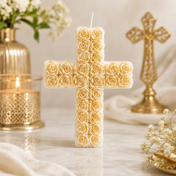 White_&_Gold_Rose_Cross_Candle_|_Decorative_Soy_Wax_Candle_|_Elegant_Religious_Home_Décor_|_Spiritual_Gift_for_Prayer_Room,_Baptism,_Communion,_Easter_&_Housewarming_|_15.9_x_11.4_cm