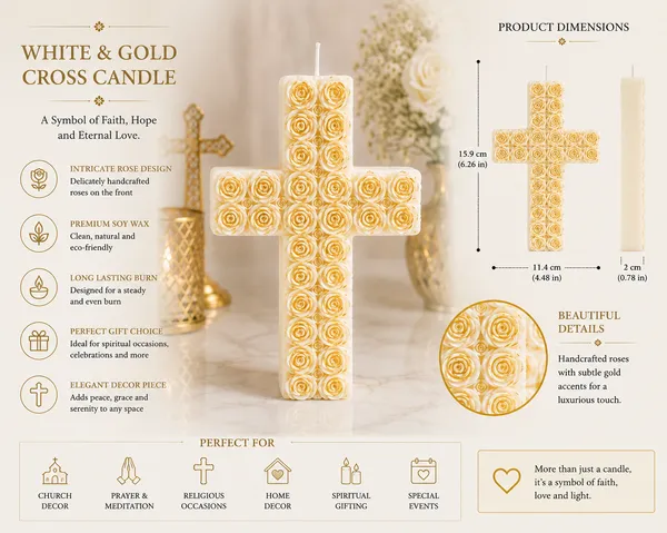 White_&_Gold_Rose_Cross_Candle_|_Decorative_Soy_Wax_Candle_|_Elegant_Religious_Home_Décor_|_Spiritual_Gift_for_Prayer_Room,_Baptism,_Communion,_Easter_&_Housewarming_|_15.9_x_11.4_cm