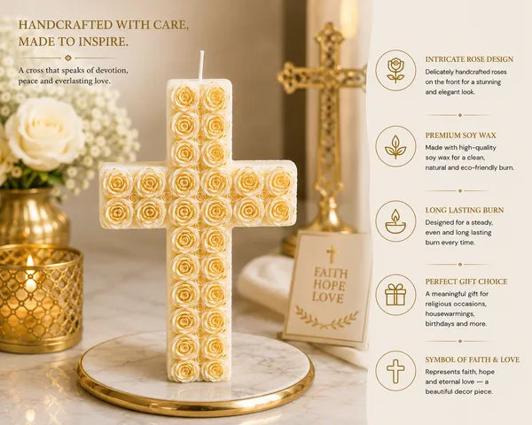 White_&_Gold_Rose_Cross_Candle_|_Decorative_Soy_Wax_Candle_|_Elegant_Religious_Home_Décor_|_Spiritual_Gift_for_Prayer_Room,_Baptism,_Communion,_Easter_&_Housewarming_|_15.9_x_11.4_cm