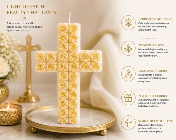 White_&_Gold_Rose_Cross_Candle_|_Decorative_Soy_Wax_Candle_|_Elegant_Religious_Home_Décor_|_Spiritual_Gift_for_Prayer_Room,_Baptism,_Communion,_Easter_&_Housewarming_|_15.9_x_11.4_cm