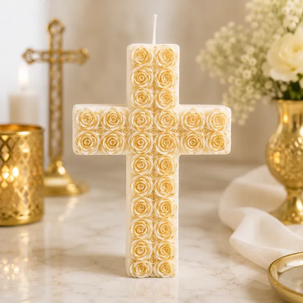 White_&_Gold_Rose_Cross_Candle_|_Decorative_Soy_Wax_Candle_|_Elegant_Religious_Home_Décor_|_Spiritual_Gift_for_Prayer_Room,_Baptism,_Communion,_Easter_&_Housewarming_|_15.9_x_11.4_cm