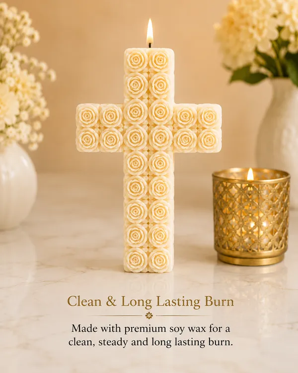 White_&_Gold_Rose_Cross_Candle_|_Decorative_Soy_Wax_Candle_|_Elegant_Religious_Home_Décor_|_Spiritual_Gift_for_Prayer_Room,_Baptism,_Communion,_Easter_&_Housewarming_|_15.9_x_11.4_cm