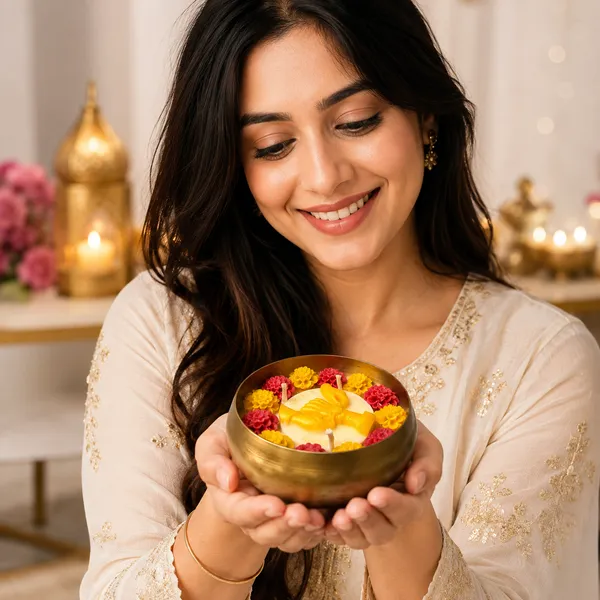 Raksha_Bandhan_Celebration_Urli_Candle–_Brass_Bowl_with_Floral_Wax_Flowers_&_Golden_Bond_Motif