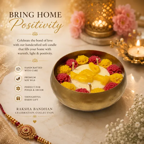 Raksha_Bandhan_Celebration_Urli_Candle–_Brass_Bowl_with_Floral_Wax_Flowers_&_Golden_Bond_Motif