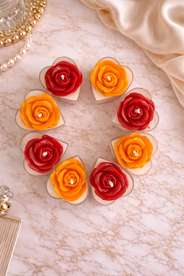 Set_of_8_Multicolor_Rose_Scented_Tealight_Candles_in_Heart-Shaped_Cups_|_Decorative_Floral_Candles_for_Home_Décor,_Romantic_Setup,_Diwali,_Wedding_&_Gift_Hampers_|_Red_&_Yellow_Luxury_Candles