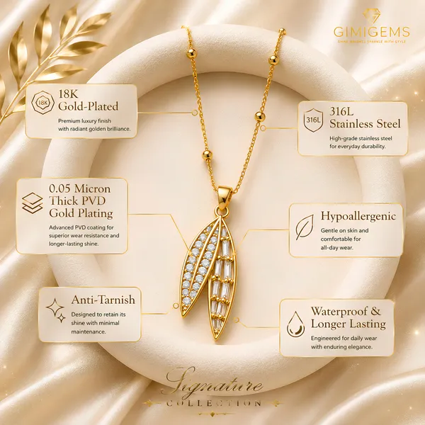 Dual_Leaf_CZ_Pendant_Necklace_GIMIGEMS_18K_Gold-Plated,_Anti-Tarnish_Necklace_for_Women_|_316L_Stainless_Steel_|_Waterproof_|_Hypoallergenic_|_PVD_Gold_Plated_|_Baguette_&_American_Diamond_Leaf_Pendant_|_Daily_Wear_Gift_Jewelry