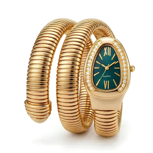 Elegant_Gold-Plated_Coil_Bracelet_Watch_With_Teal_Dial_And_Crystal_Embellishments