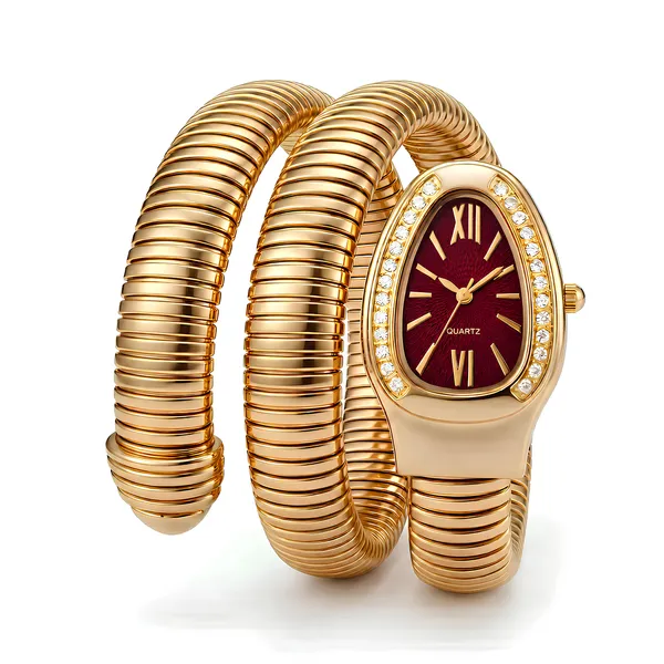 Elegant_Gold-Plated_Coil_Bracelet_Watch_With_Wine_Dial_And_Crystal_Embellishments
