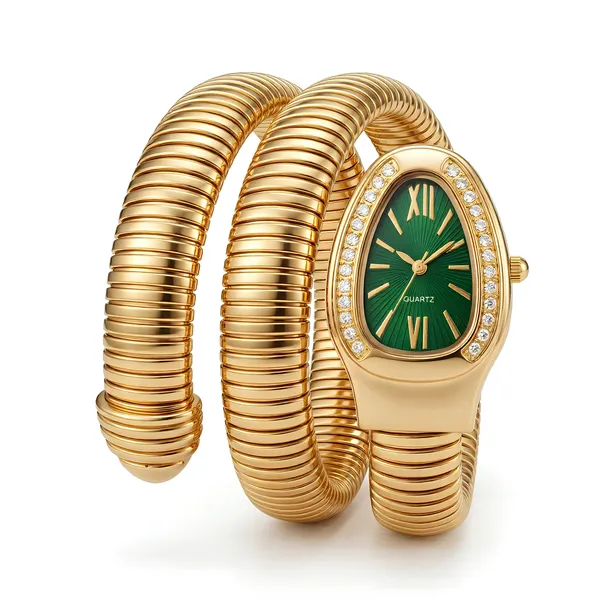 Elegant_Gold-Tone_Snake_Wrap_Watch_With_Green_Dial_And_Crystal_Embellishments