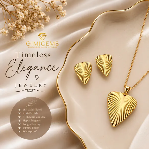 Sunburst_Textured_Leaf_Teardrop_Pendant_and_Stud_Earrings_Set_GIMIGEMS