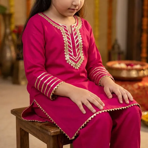 Red_Silk_Blend_Gotta_Patti_Embroidery_Ethnic_Kurta_Set_For_Kids_Girls