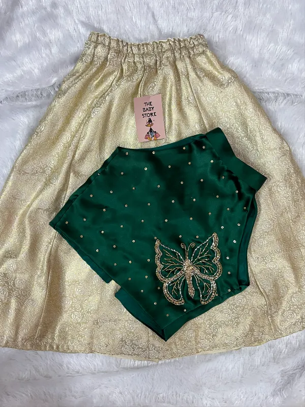 Gold_And_Green_Silk_Pearl_Embellished_Lehenga_Set_For_Kids_Girls