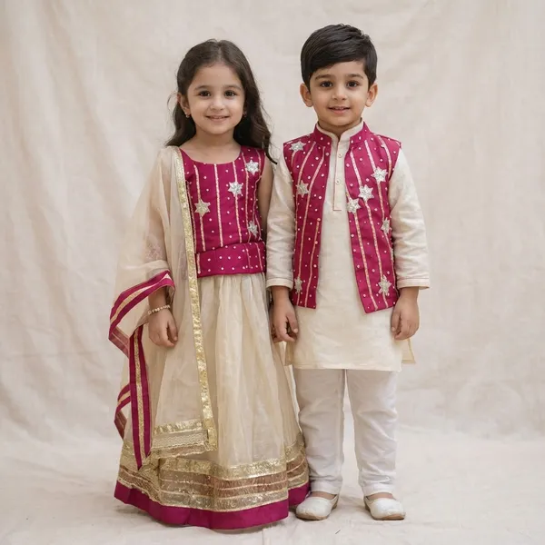 Maroon_And_Cream_Tissue_Silk_With_Cotton_Blend_Embroidered_Ethnic_Kids_Ethnic_Wear_Set_For_Kids_Unisex