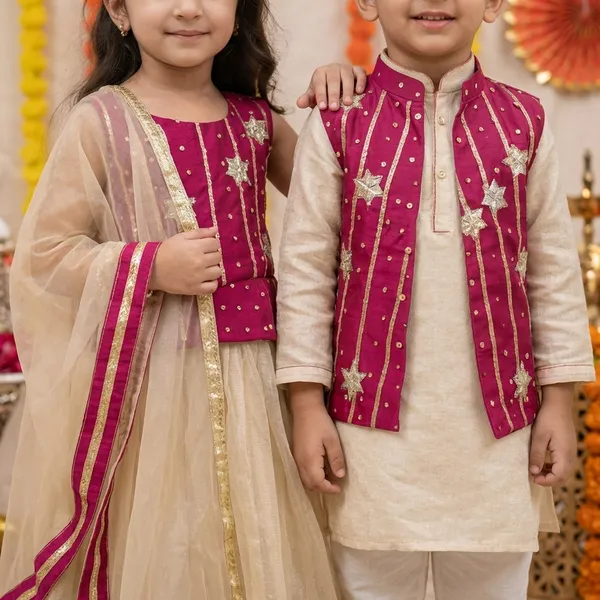 Maroon_And_Cream_Tissue_Silk_With_Cotton_Blend_Embroidered_Ethnic_Kids_Ethnic_Wear_Set_For_Kids_Unisex