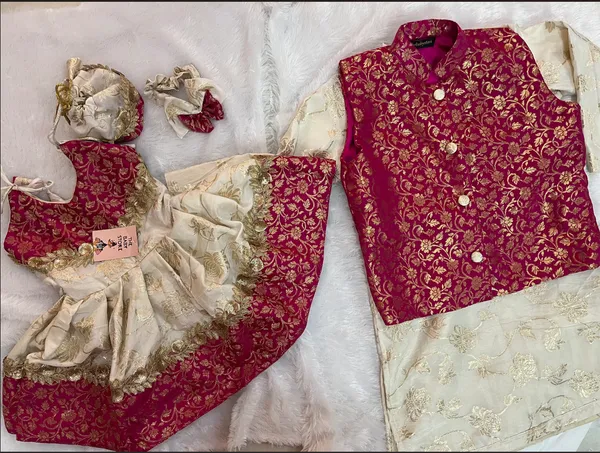 Maroon_And_Gold_Brocade_Floral_Lehenga_Choli_Set_For_Kids_Girls