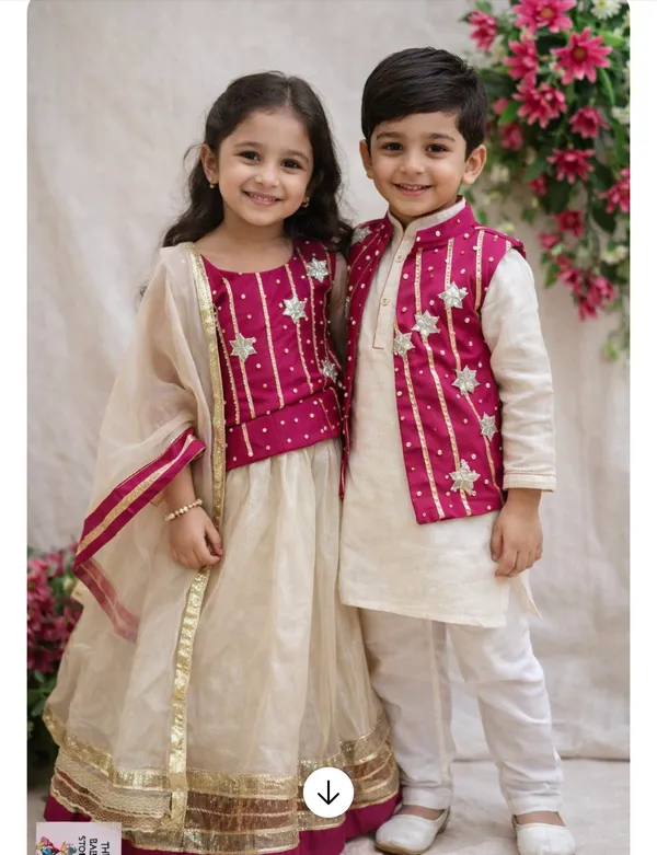 Maroon_And_Cream_Tissue_Silk_With_Cotton_Blend_Embroidered_Ethnic_Kids_Ethnic_Wear_Set_For_Kids_Unisex