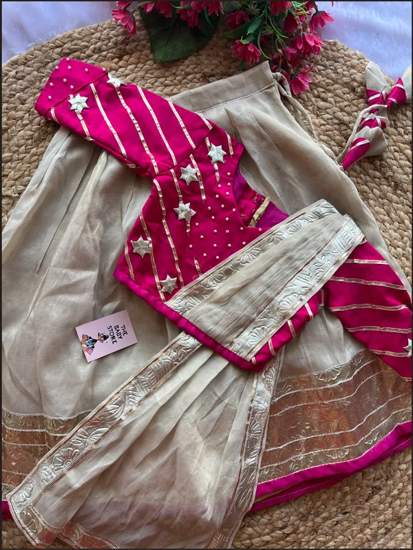 Sage_Green_Tissue_Silk_Kurta_Set_And_Pink_Cotton_Blend_Gotta_Patti_Lehenga_For_Kids_Girls_Combo_Pack_Of_2