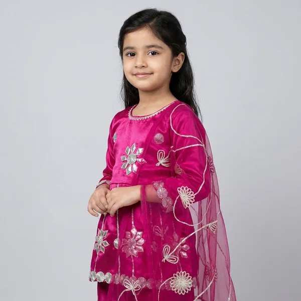Magenta_And_Pink_Satin_With_Kachi_Gota_Patti_Work_Embroidered_Ethnic_Ethnic_Dress_Set_For_Kids_Girls