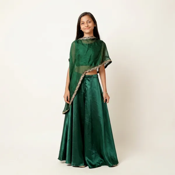 Green_Silk_Silk_Border_Embroidered_Top_Blouse_With_Shrug_Dupatta_For_Kids_Girls