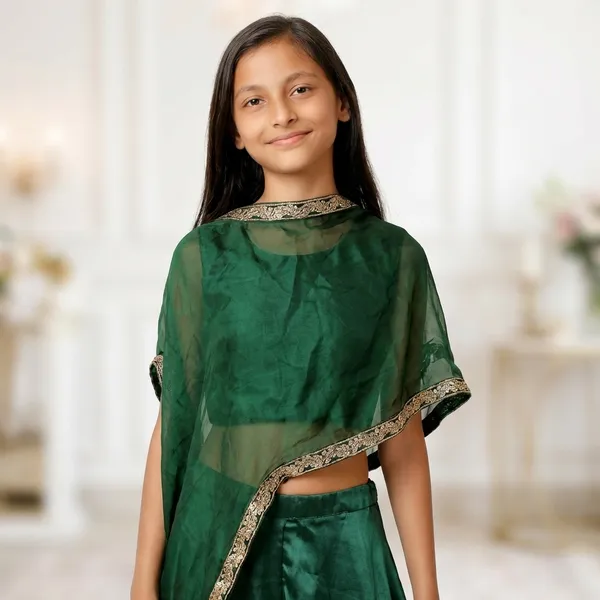 Green_Silk_Silk_Border_Embroidered_Top_Blouse_With_Shrug_Dupatta_For_Kids_Girls