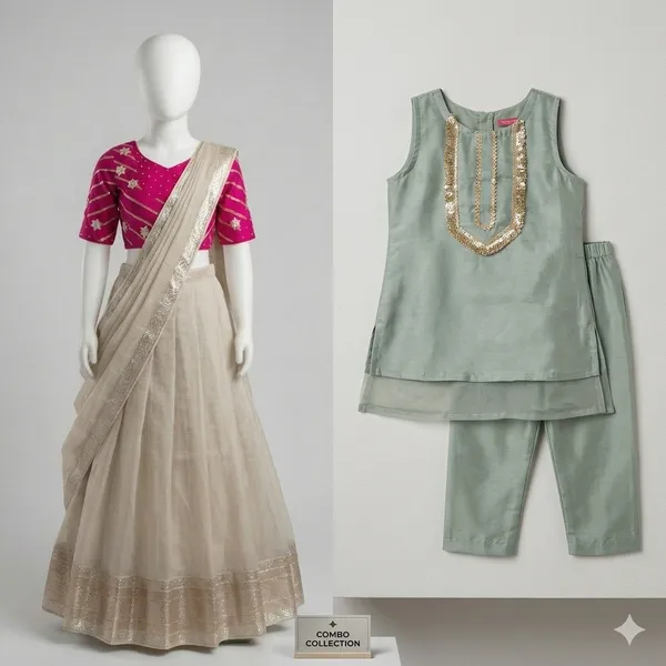 Sage_Green_Tissue_Silk_Kurta_Set_And_Pink_Cotton_Blend_Gotta_Patti_Lehenga_For_Kids_Girls_Combo_Pack_Of_2