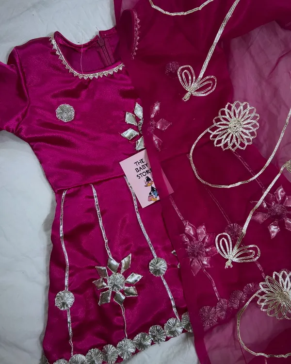 Magenta_And_Pink_Satin_With_Kachi_Gota_Patti_Work_Embroidered_Ethnic_Ethnic_Dress_Set_For_Kids_Girls