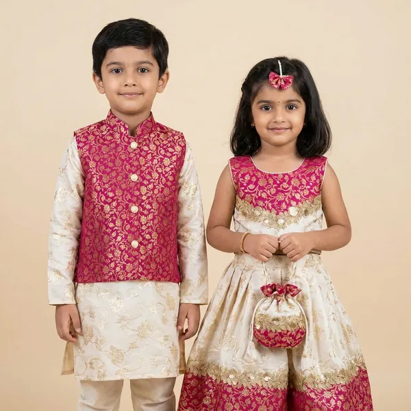 Maroon_And_Gold_Brocade_Floral_Lehenga_Choli_Set_For_Kids_Girls