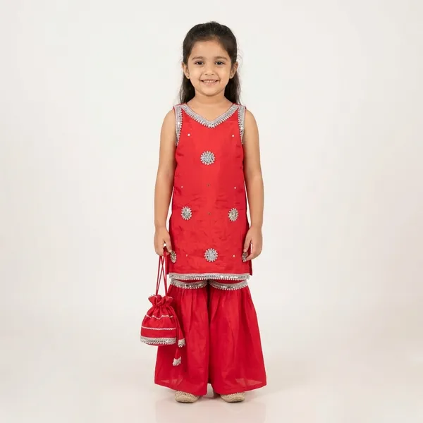 Magenta_Pink_Cotton_Blend_Mirror_Work_Embellished_Ethnic_Dress_Set_For_Kids_Girls