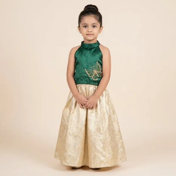 Gold_And_Green_Silk_Pearl_Embellished_Lehenga_Set_For_Kids_Girls