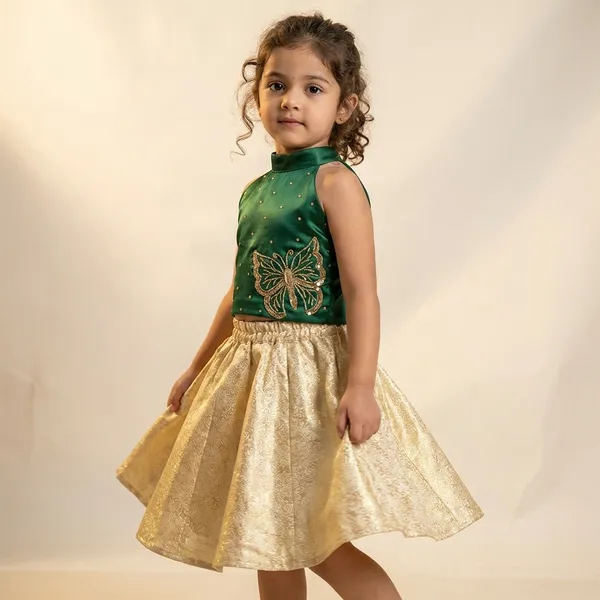 Gold_And_Green_Silk_Pearl_Embellished_Lehenga_Set_For_Kids_Girls