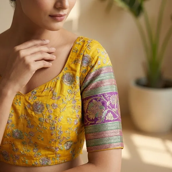 Yellow_Jacquard_Banarasi_And_Mud_Sand_Crepe_Viscose_Sequined_Blouse_For_Women