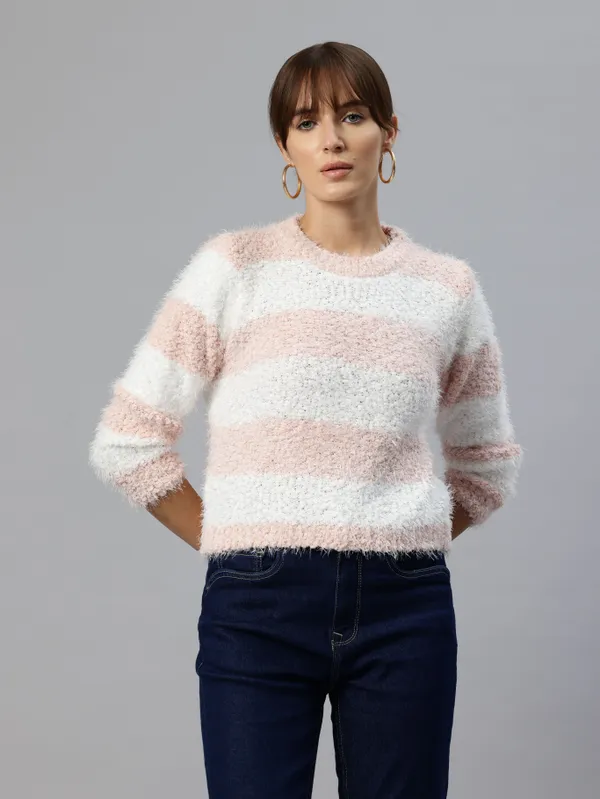 Pink_Striped_Knit_Sweater_For_Women