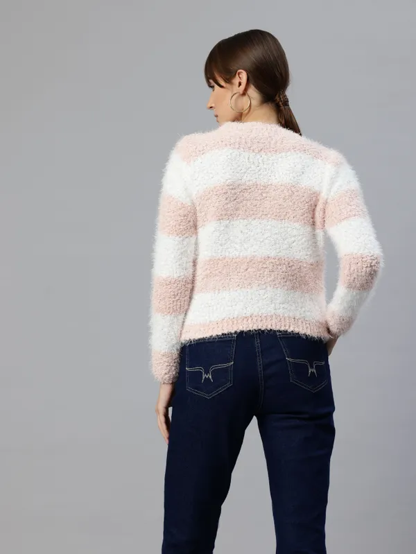 Pink_Striped_Knit_Sweater_For_Women