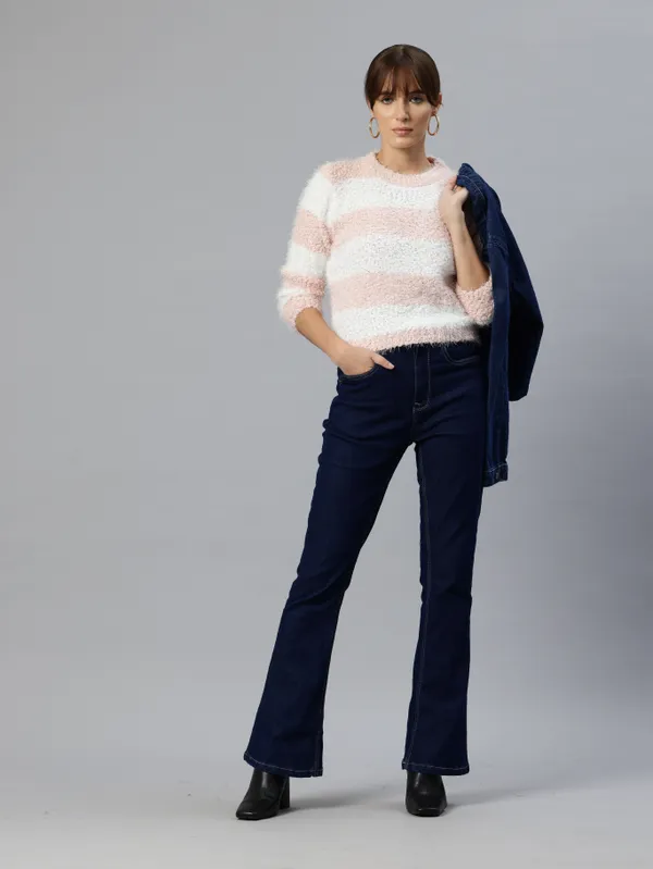 Pink_Striped_Knit_Sweater_For_Women