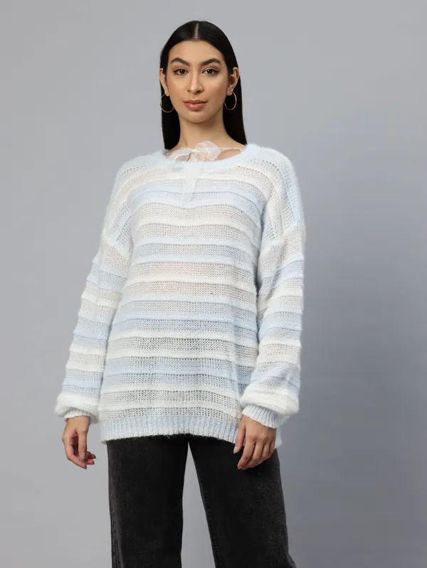 Blue_Striped_Knit_Sweater_For_Women