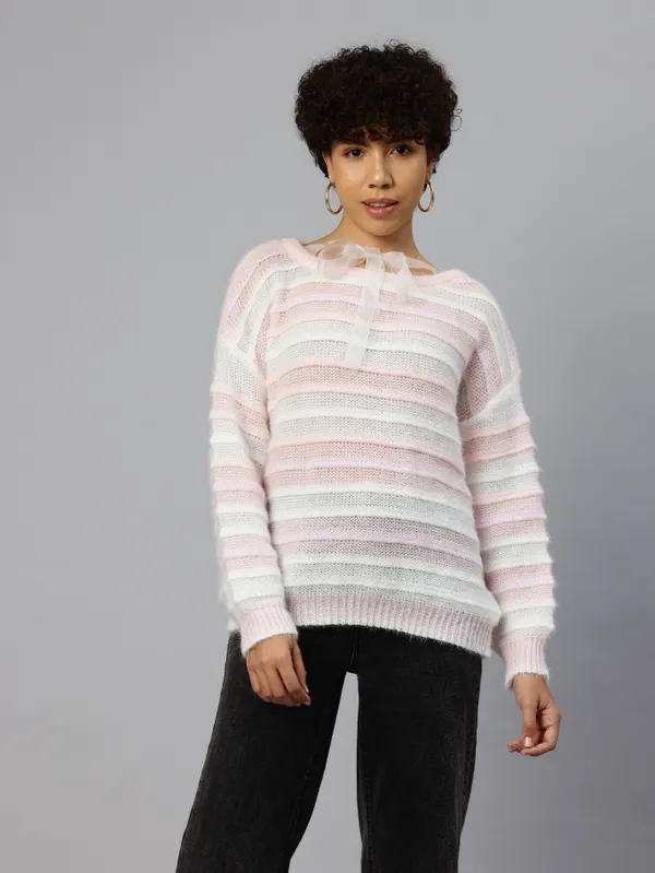 Pink_Striped_Knit_Sweater_For_Women